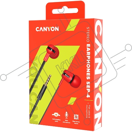 Гарнитура CANYON длина шнура  1.2m flat cable, Red,