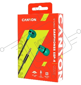 Наушники CANYON Stereo earphone with microphone, 1.2m flat cable, Green, 22*12*12mm, 0.013kg