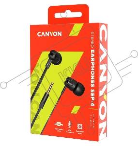 Наушники CANYON Stereo earphone with microphone, 1.2m flat cable, Black, 22*12*12mm, 0.013kg