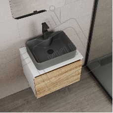 Комплект: тумба Bau Dream Blackwood 60, 1 ящик, раковина BAU Cerama 48х37, темно-серая, смеситель Hotel Black, черный матовый, выпуск клик клак черный