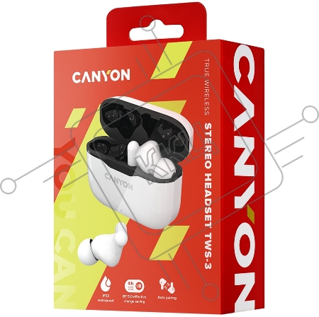Наушники Canyon TWS-3 Bluetooth headset, with microphone, BT V5.0, Bluetrum AB5376A2, battery EarBud 40mAh*2+Charging Case 300mAh, cable length 0.3m, 62*22*46mm, 0.046kg, White