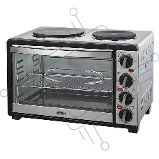 Мини-печь Mystery MOT-3330 (нержавеющая сталь, 1500 Вт, 2 конфорки, гриль, съемный вертел)