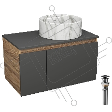 Комплект: тумба подвесная Bau Dream Blackwood графит 80, 1 ящик, дверца слева, раковина круглая накладная BAU Element D41, мрамор, выпуск клик клак черный