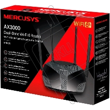 Двухдиапазонный роутер MERCUSYS AX3000 Wi-Fi 6, до 574 Мбит/с на 2,4 ГГц + до 2402 Мбит/с на 5 ГГц,  4 фиксированные внешние антенны, 3 гигабитных порта LAN, 1 гигабитный порт WAN