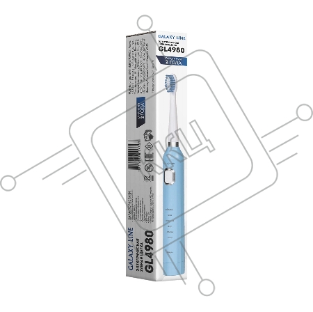 Зубная щетка GALAXY LINE GL4980, голубой, электрическая, время непрерывной работы до 1,5 ч, 6 режимов работы, таймер завершения чистки, таймер смены области чистки, сменная насадка-щетка, средняя жесткость щетины, защитный колпачок USB-кабель