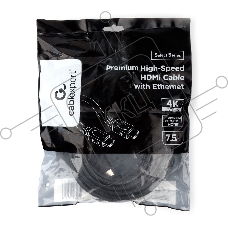 Кабель HDMI Cablexpert CC-HDMI4L-7.5M, 7.5м, v2.0, 19M/19M, серия Light, черный, позол.разъемы, экран, пакет