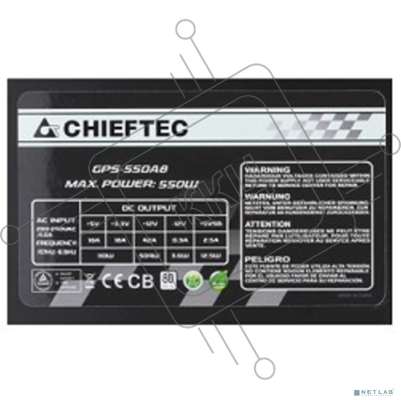 Блок питания Chieftec 550W RTL GPS-550A8 {ATX-12V V.2.3 PSU with 12 cm fan, Active PFC, fficiency >80% with power cord 230V only}