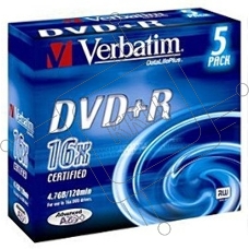 Диск DVD+R Verbatim 4.7Gb 16x Slim case (5шт) Color (43556)