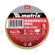 Изолента ПВХ, 15 мм х 10 м, желто-зеленая, 150мкм Matrix