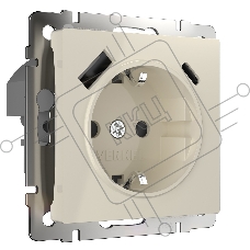 Розетка с заземлением, шторками и USB тип A+C (слоновая кость)
