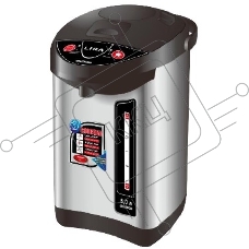 Термопот LIRA LR 0402 нержавеющая сталь объем 5,0 л, мощность 800 Вт, 220В/50Гц, корпус и колба из нержавеющей стали, 3 способа подачи воды: при нажатии чашкой на клапан, с помощью насоса, с помощью электропомпы, Функция повторного кипячения, Ручка для пе