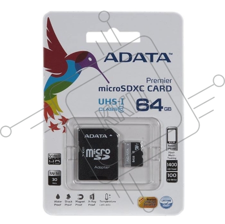 Флеш карта microSDXC 64GB ADATA  UHS-1 CL10 (AUSDX64GUICL10-RA1) + SD adaptor