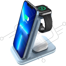Беспроводное зарядное устройство CANYON WS-304, Foldable  3in1 Wireless charger, with touch button for Running water light, Input 9V/2A,  12V/1.5AOutput 15W/10W/7.5W/5W, Type c to USB-A cable length 1.2m, with QC18W EU plug,132.51*75*28.58mm, 0.168Kg,Blue
