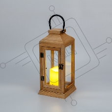 Фонарь декоративный со свечкой Neon-night, корпус из дерева, коричневый, 15х15х38cм, теплый белый