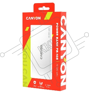 Внешний аккумулятор CANYON PB-108 Power bank 10000mAh Li-poly battery, Input 5V/2A, Output 5V/2.1A(Max), 140*68*16mm, 0.230Kg, White