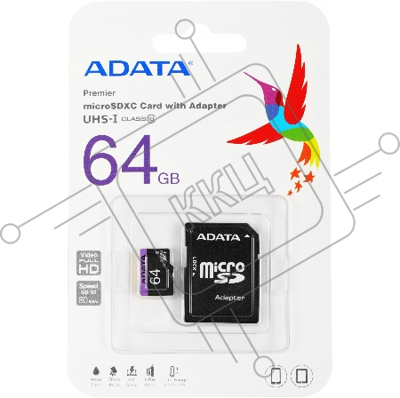 Флеш карта microSDXC 64GB ADATA  UHS-1 CL10 (AUSDX64GUICL10-RA1) + SD adaptor