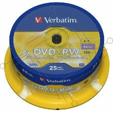 Диск DVD+RW Verbatim 4.7Gb 4x Cake Box (25шт) (43489)