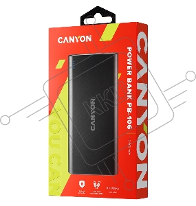 Мобильный аккумулятор CANYON PB-106 Power bank 10000mAh Li-poly battery, Input 5V/2A, Output 5V/2.1A(Max), USB cable length 0.3m, 140*68*16mm, 0.24Kg, Black