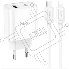 Блок питания (сетевой адаптер) HOCO C80A Plus с кабелем Type-C-Lightning, QC3.0, 20W, белый