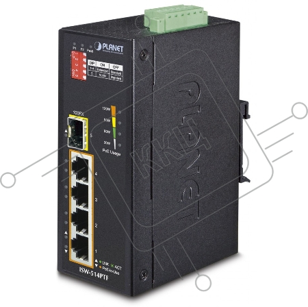 Индустриальный PoE коммутатор Planet ISW-514PTF для монтажа в DIN-рейку IP30 4-Port/TP + 1-Port Fiber(SFP) POE Industrial Fast Ethernet Switch (-40 to 75 C)