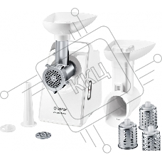 Мясорубка Bosch MFW3X13W CompactPower,2000Вт, 2,5 кг/мин, цвет: белый, механическая защ ита от перегрузки, 2 скор. , реверс.Комплект: 2 диска для фарша, насадка для колбасок, насадка-терка (3 барабана)