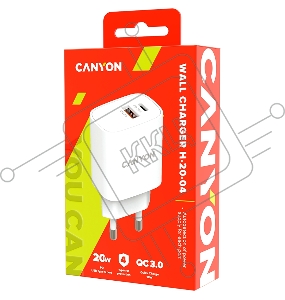 Сетевой адаптер Canyon, PD 20W/QC3.0 18W WALL Charger with 1-USB A+ 1-USB-C   Input: 100V-240V, Output: 1 port charge: USB-C:PD 20W (5V3A/9V2.22A/12V1.67A) , USB-A:QC3.0 18W (5V3A/9V2.0A/12V1.5A), 2 port charge: common charge,  total 5V, 3A, Eu plug  , Ov