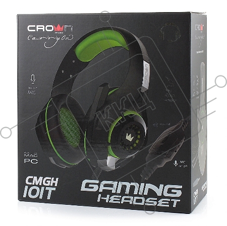 Гарнитура CROWN CMGH-101T Black&green (Подключение jack 3.5мм 4pin+ адаптер 2*jack spk+mic,Частотныи? диапазон: 20Гц-20,000 Гц ,Кабель 2.1м,Размер D 250мм, регулировка громкости, микрофон на ножке)