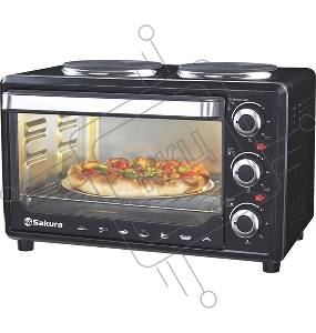 Мини-печь Sakura SA-7002HBK 48л, 3600Вт, духовка 2000Вт, конфорки 185мм+155мм (1000Вт+600Вт), механ.управление, 3 режима работы духовки (верх, низ, верх+низ), раздельная регулировка температуры духовки и конфорок, комплектация - металлическая решетка, про