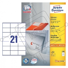 Этикетки самоклеящиеся Avery Zweckform 3481 A4, 70x41 мм, 21 шт, универсальная, 70 г/м2, 100 л, покрытие матовое, белый