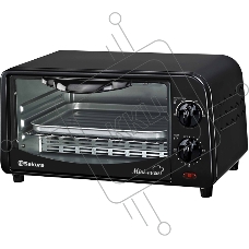 Мини печь Sakura SA-7018B черный, 10 л, мощность 1000 Вт, 2 кварц.нагреват.элемента, регулировка температуры 100-250С, 30-минутный таймер со звонком, световой индикатор работы, противень, решетка