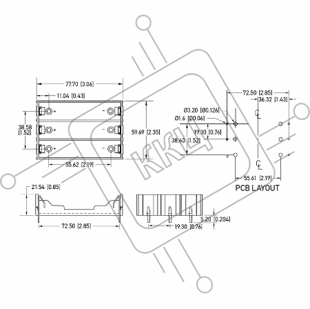 Батарейный отсек 3х18650 Li-ion (на плату)