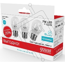 Светодиодная лампа GAUSS 53227T LED Elementary Шар 7W E27 4100K 1/40 (3 лампы в упаковке)