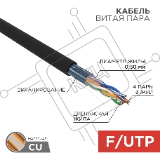Кабель витая пара Rexant F/UTP, cat.5e, PE, 4PR, 24AWG, OUTDOOR, SOLID, черный, 305м