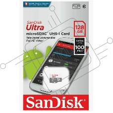 Флеш карта microSDXC 128GB SanDisk Ultra Class 10, UHS-I, R 100 МБ/с, <SDSQUNR-128G-GN3MN> адаптер на SD
