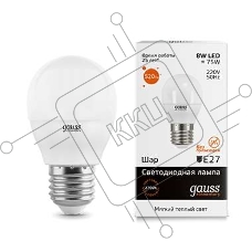 Светодиодная лампа LED GAUSS 53218 Elementary Шар 8W E27 520lm 3000K 1/10/100 0