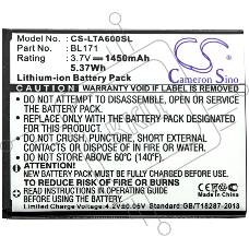 Аккумулятор CameronSino  CS-LTA600SL BL171 для Lenovo A390  3.7V / 1450mAh / 5.37Wh