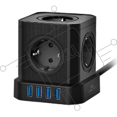 Сетевой фильтр Cablexpert Tower, TWR-5-U4-B-3, 5р, 10А, 4хUSB, 3.1А, 3м, ур.защиты 4+, черный, коробка