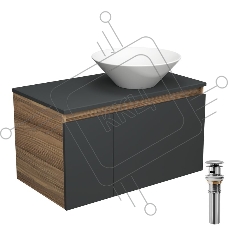 Тумба с раковиной и выпуском (тумба Bau Dream 80, графит + раковина санфаянс накладная круглая BAU Dream D43, выпуск клик-клак, хром)