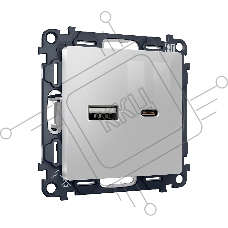 Комплект механизма розетки ALFA Серебро глянец 2USB A+C 20W (быстрая зарядка) QUANT (AP4110, VM177) MA411010
