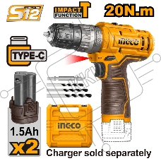 Дрель-шуруповерт уд. Акк. CIDLI12202, 1500rpm, 20Нм, 2х12В 1.5Ач, Type-C порт зарядки,  без ЗУ, Кейс