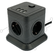 Сетевой фильтр Cablexpert Tower, TWR-4-U3-B-3, 4р, 10А, 3xUSB, 3.1А, 3м, ур.защиты 2+, черный, коробка