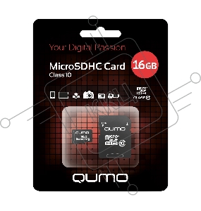 Флеш карта QUMO MicroSDHC 16GB Сlass 10 с адаптером SD, черно-красная картонная упаковка