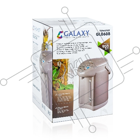 Термопот GALAXY LINE GL 0608, пудровый, 900 Вт, 3 л, 3 способа подачи воды, металлический корпус, колба из нержавеющей стали, функция повторного кипячения, ручка для переноски, индикатор уровня воды